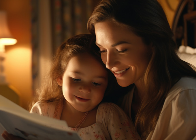 a mother and daughter reading a bedtime story in a room lit with fairy lights