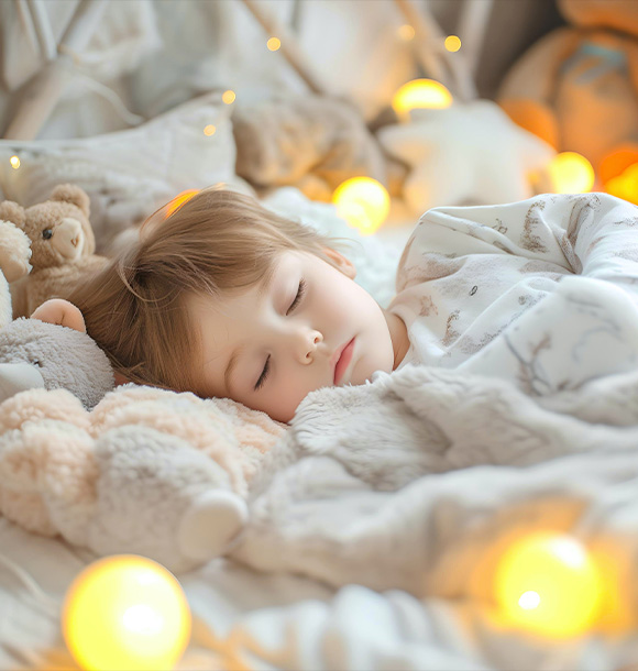 a child sleeping in a bed surrounded by stuff toys